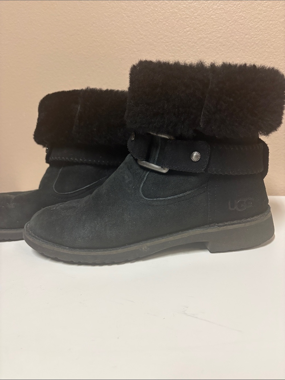 UGG Black Suede Shearling-Cuff Ankle Booties with Strap Buckle
